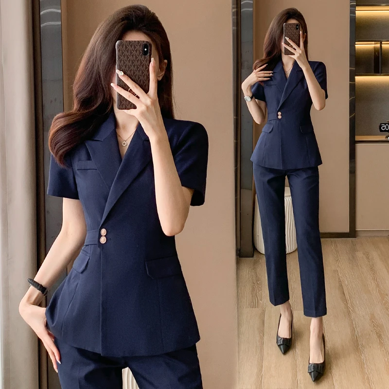 西装套装女夏季薄款高端职业气质酒店前台接待工作服工装西服套裙