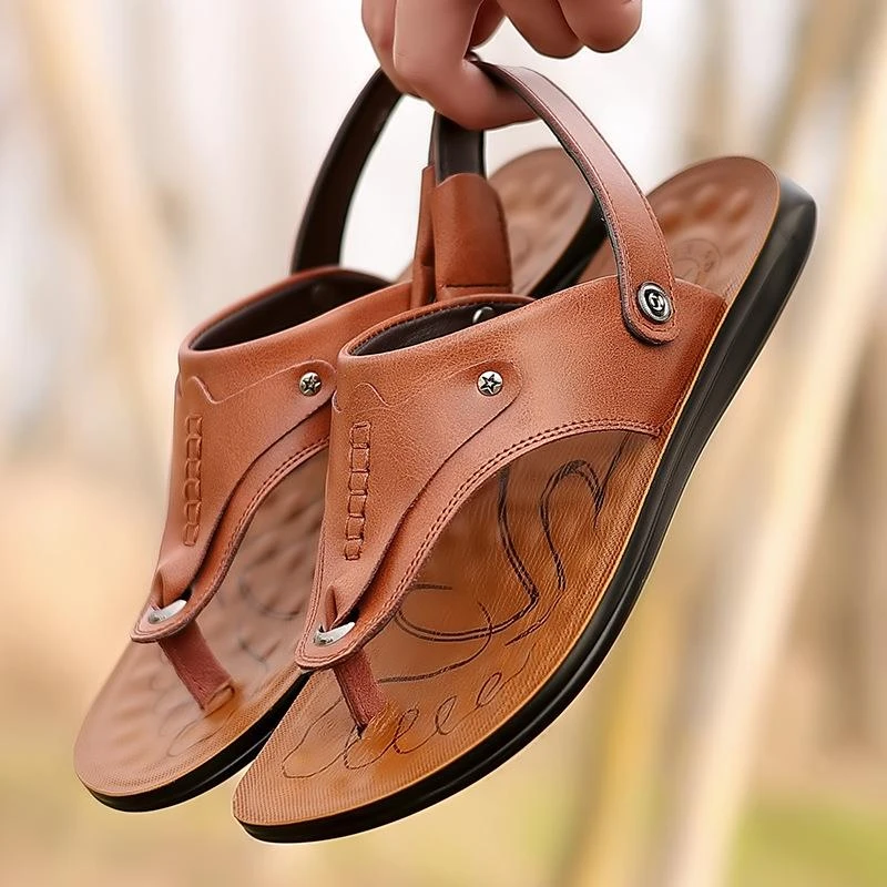 HKHY凉拖鞋男士凉鞋夏季新款软底沙滩鞋防滑两用真皮夹脚人字拖鞋