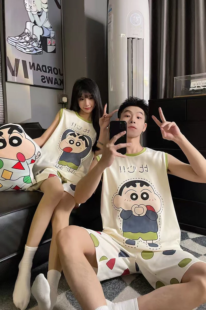 夏季棉质情侣卡通无袖背心短裤睡衣套装舒适家居服