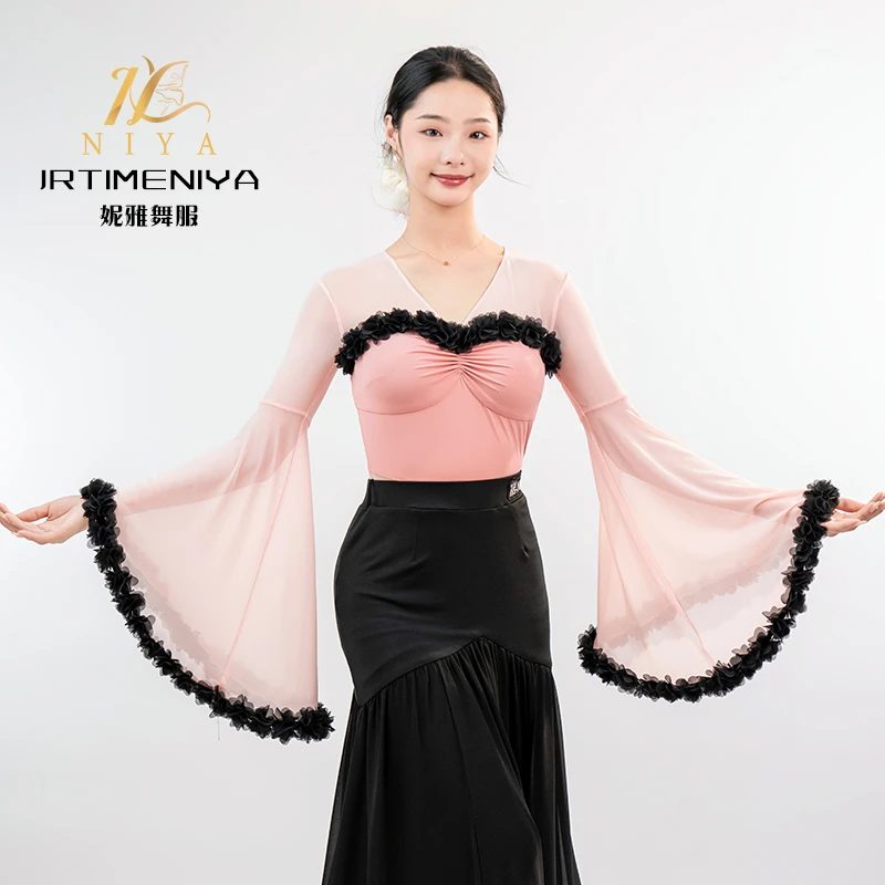 摩登舞夏款时尚花边大飘袖连体练功服女士交谊舞国标舞广场舞服