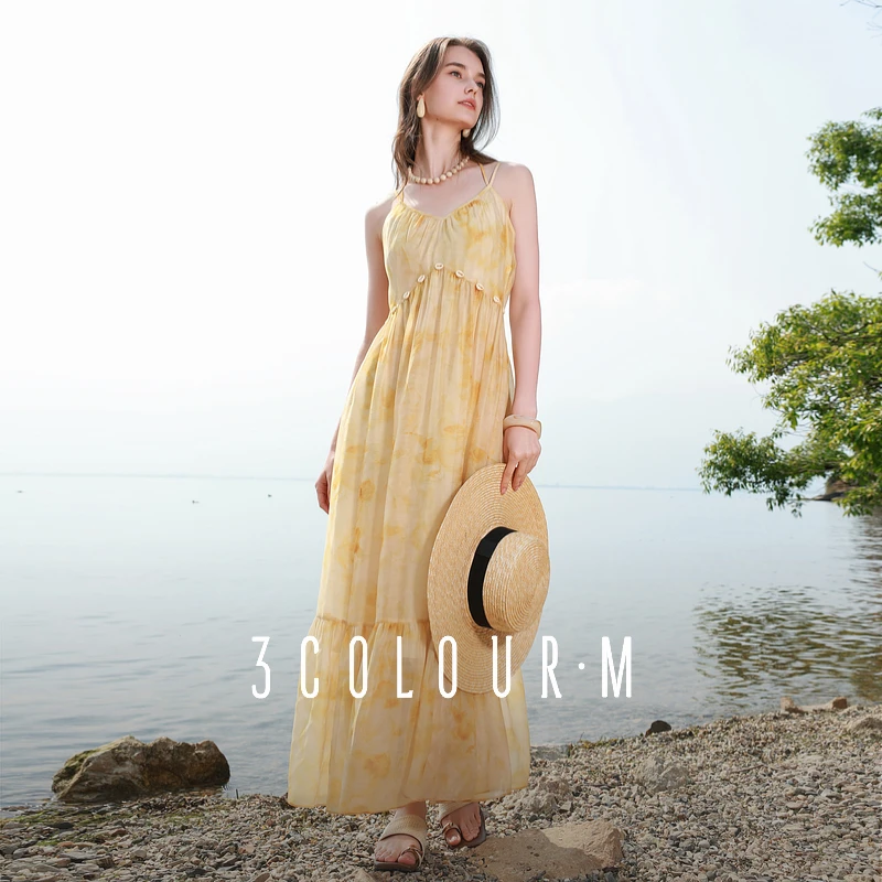 【三彩仙女裙】2025夏季新款挂脖连衣裙度假风吊带碎花A字长裙女M