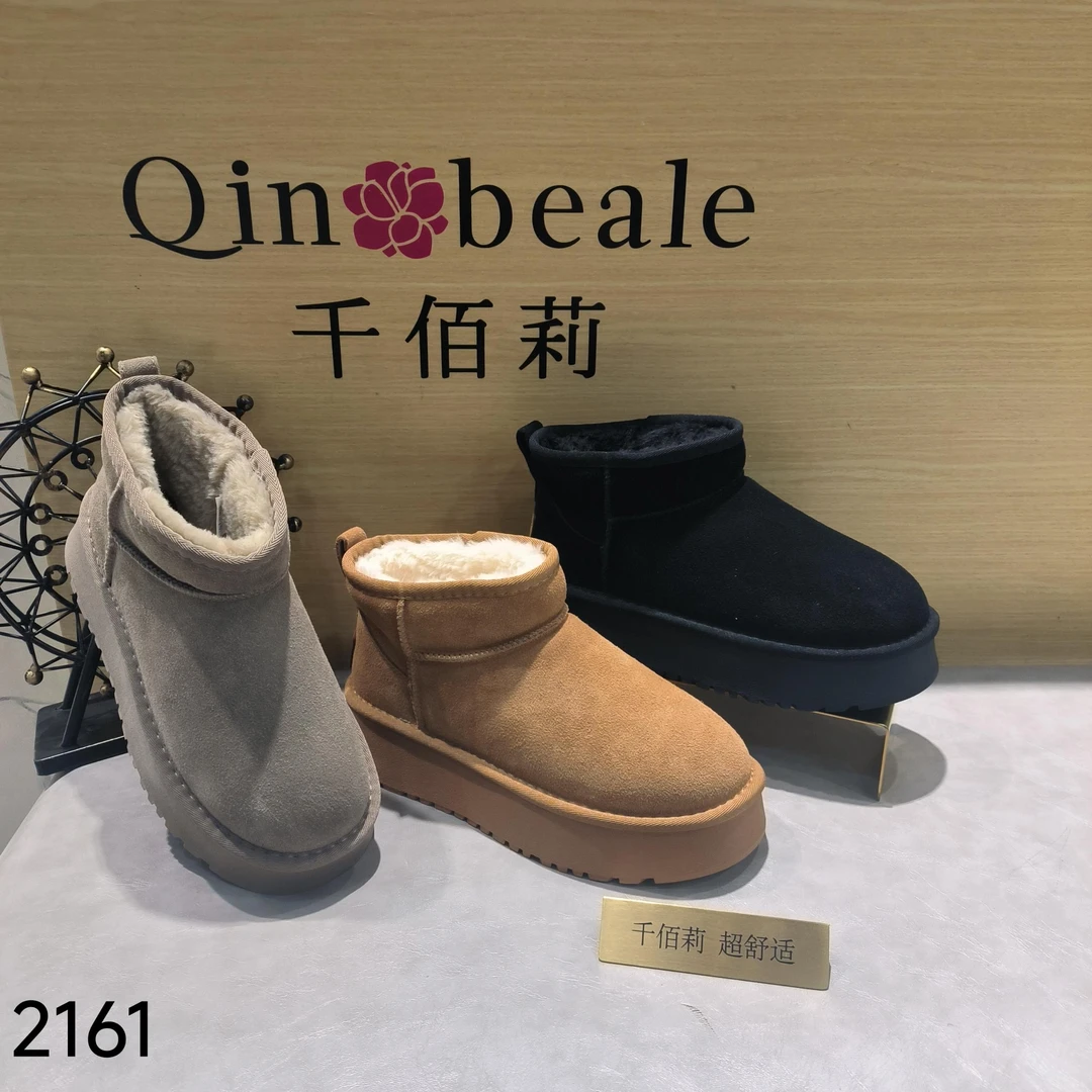 Qin&beale/千佰莉 雪地靴女磨砂牛皮厚毛里加厚保暖舒适厚底2161