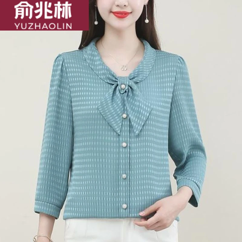 俞兆林网红高档夏季新款七分袖雪纺衬衫女蝴蝶结百搭洋气妈妈减龄