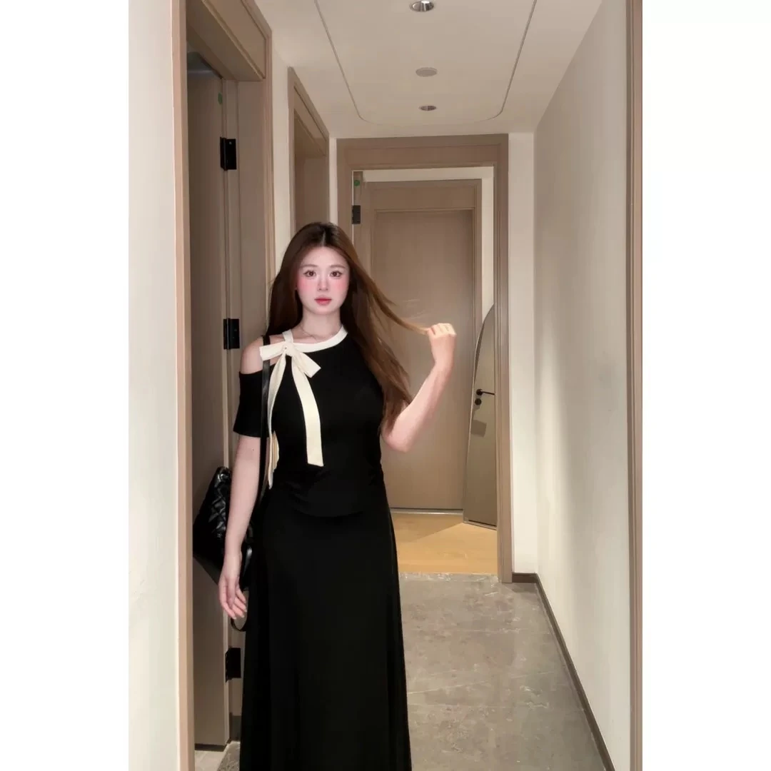 2025夏季新款法式大码洋气气质收腰显瘦纯欲露肩胖MM连衣裙