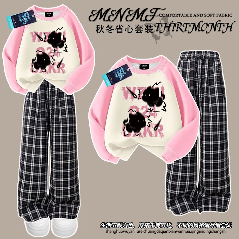 男女童秋冬新款插肩圆领卫衣套装可爱小猫百搭中大童格子裤两件套