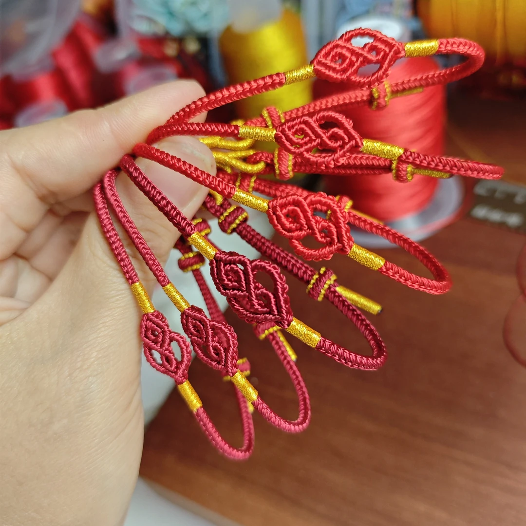 中国红/酒红色  纯手工编织福禄手绳  2.8mm  2.5mm 可抽拉调节