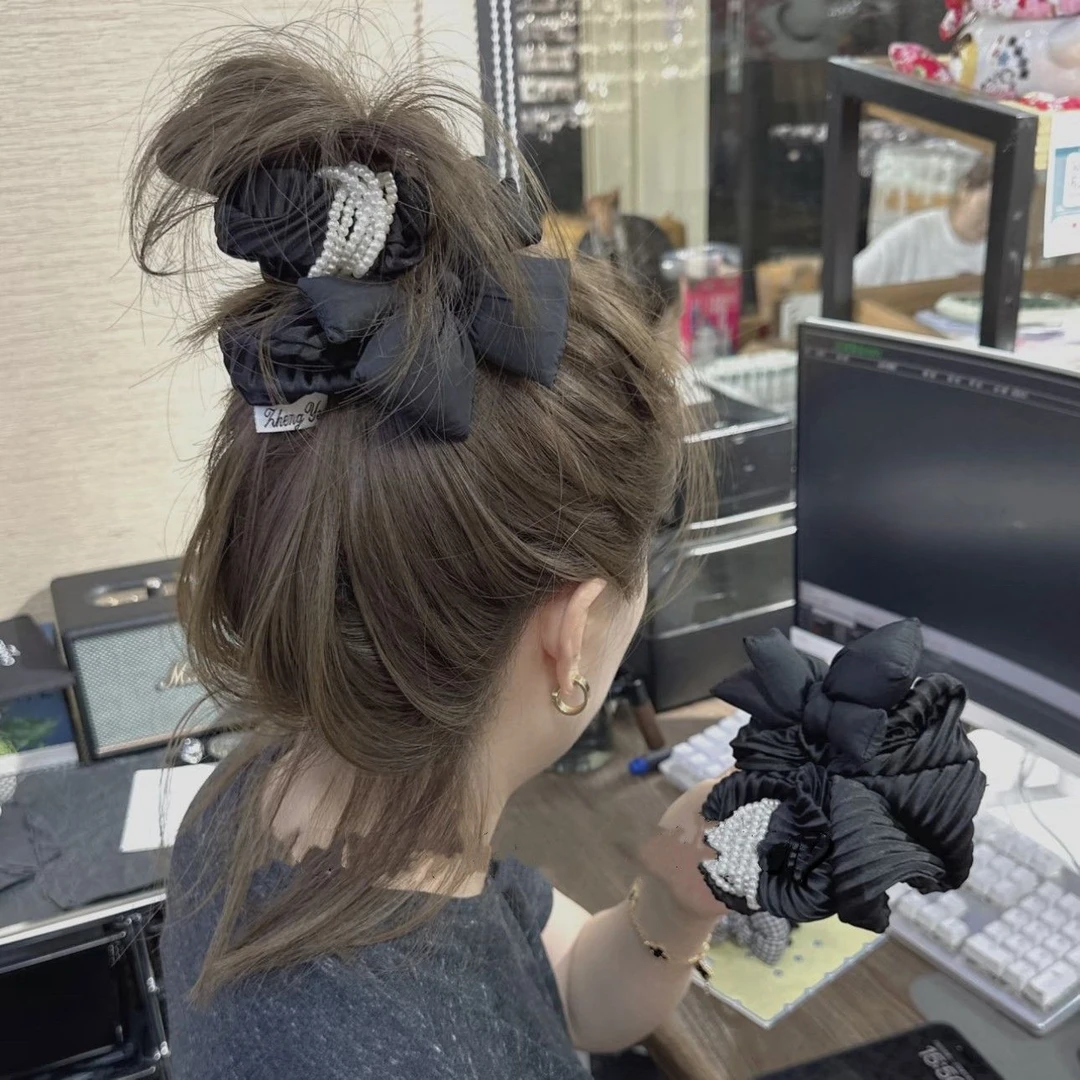韩系高级感风琴褶皱黑色充棉蝴蝶结发圈少女马尾丸子头发绳头绳