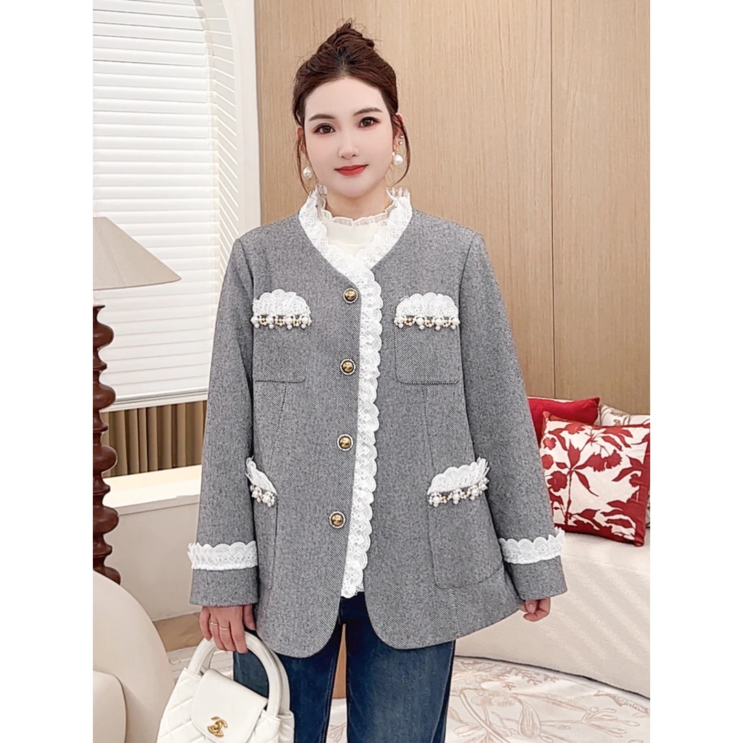 【明星同款小香风毛呢外套】MsShe大码女装新冬钉珠棉服S~E2411066