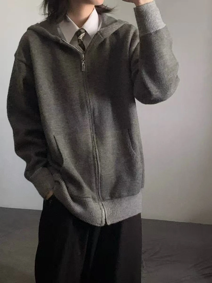 秋冬日系复古高端拉链连帽针织开衫毛衣青年休闲宽松卫衣外套-004