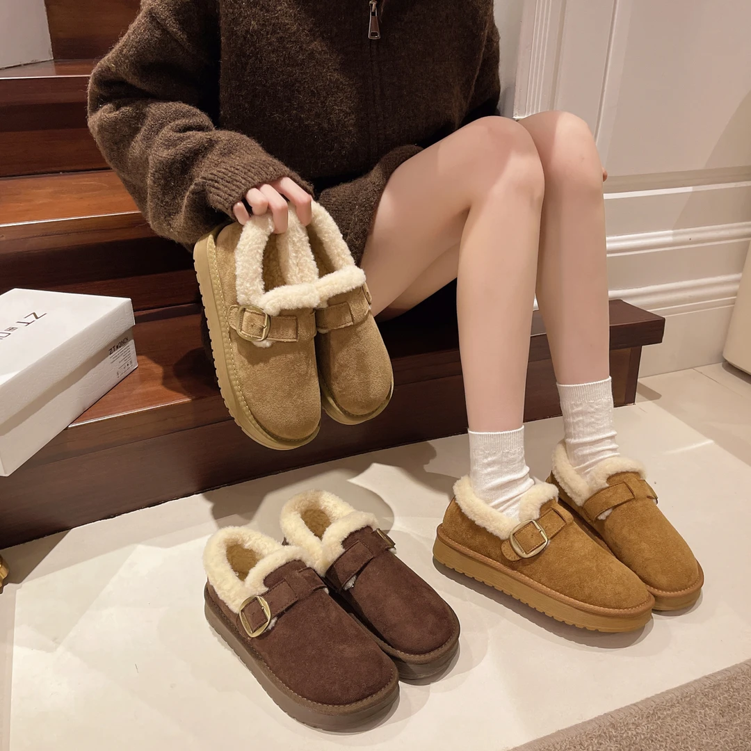 加厚保暖加绒软底软面圆头勃肯鞋韩版防滑厚底一脚蹬冬季豆豆鞋女