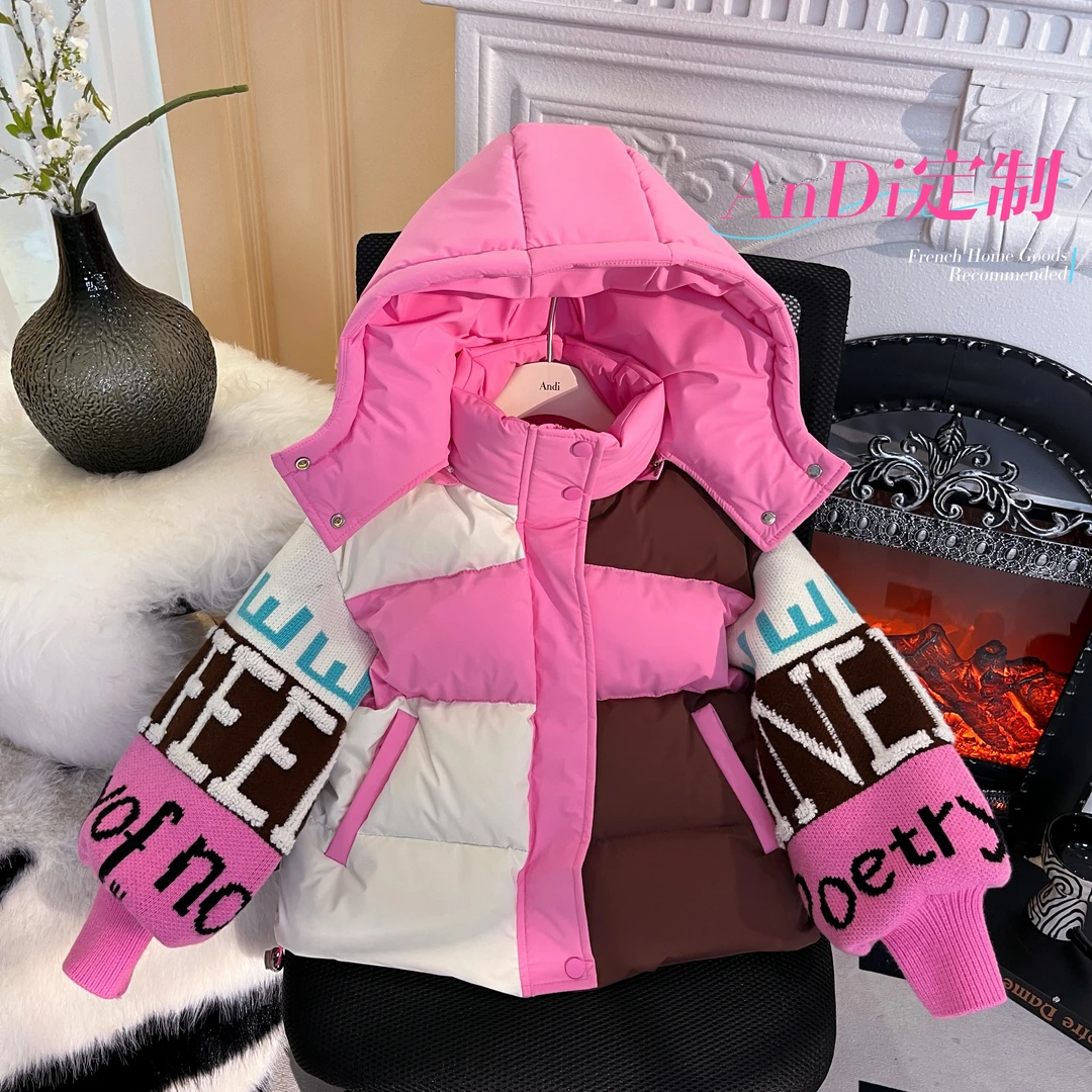〖ANDI〗订制冬款女童中大童韩版重工拼接连帽羽绒服3191