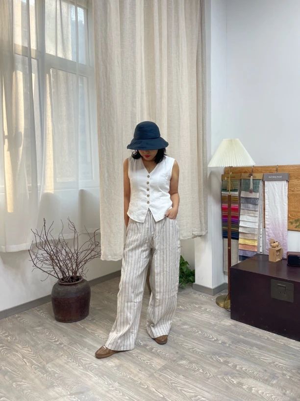 亚麻条纹色织阔腿裤休闲裤