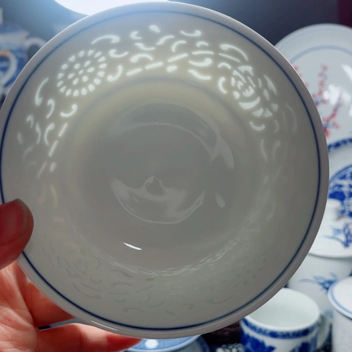 青花玲牡5寸饭碗满雕双福双线