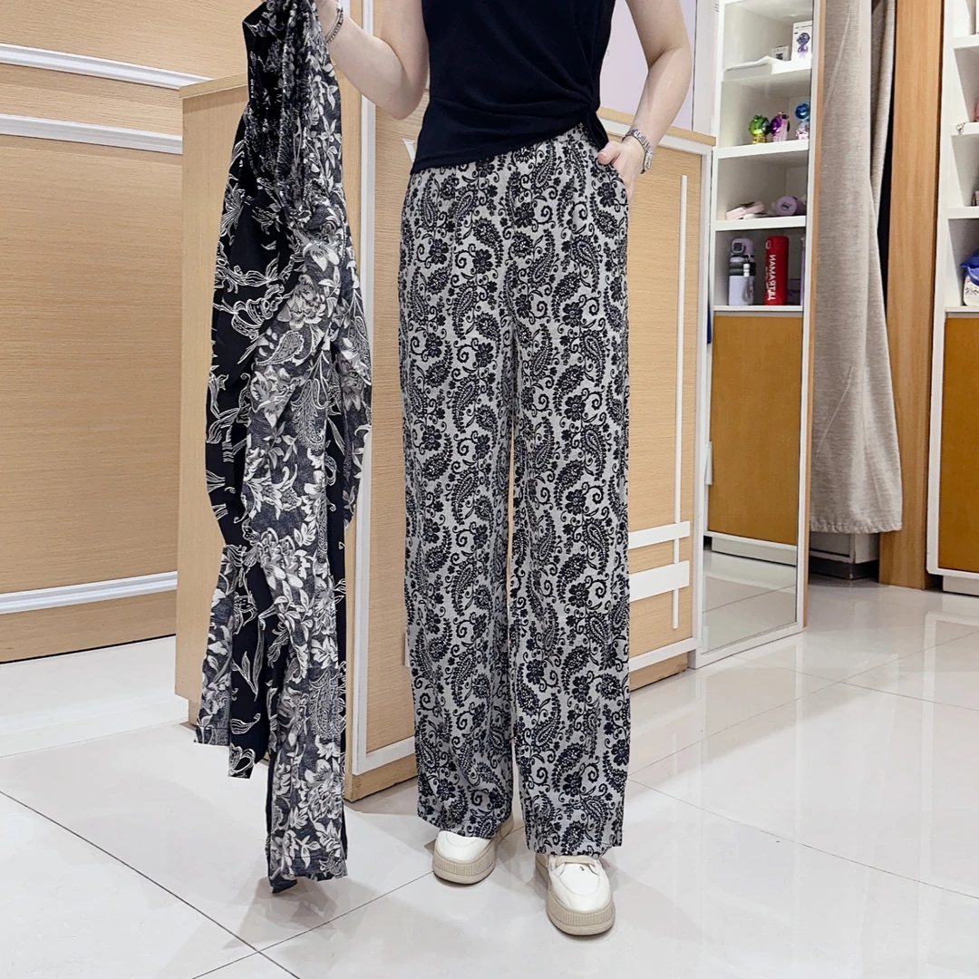 时尚减龄阔腿裤6-1503女士印花洋气休闲夏季薄款宽松长裤/长98