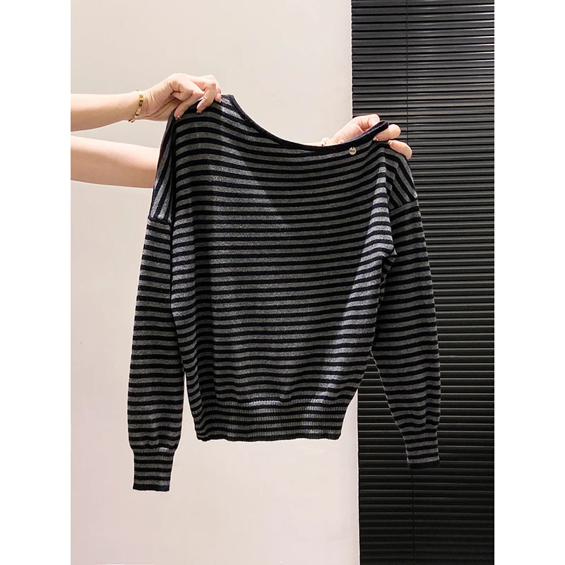 斜肩条纹长袖针织衫毛衣女2025秋季时尚洋气时髦露肩打底内搭上衣