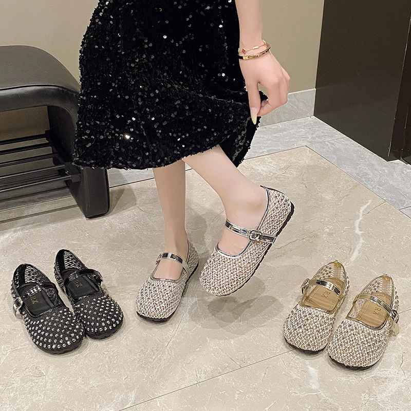 夏季包头半托水钻一字扣带镂空透气平底单鞋女款玛丽珍鞋仙女风