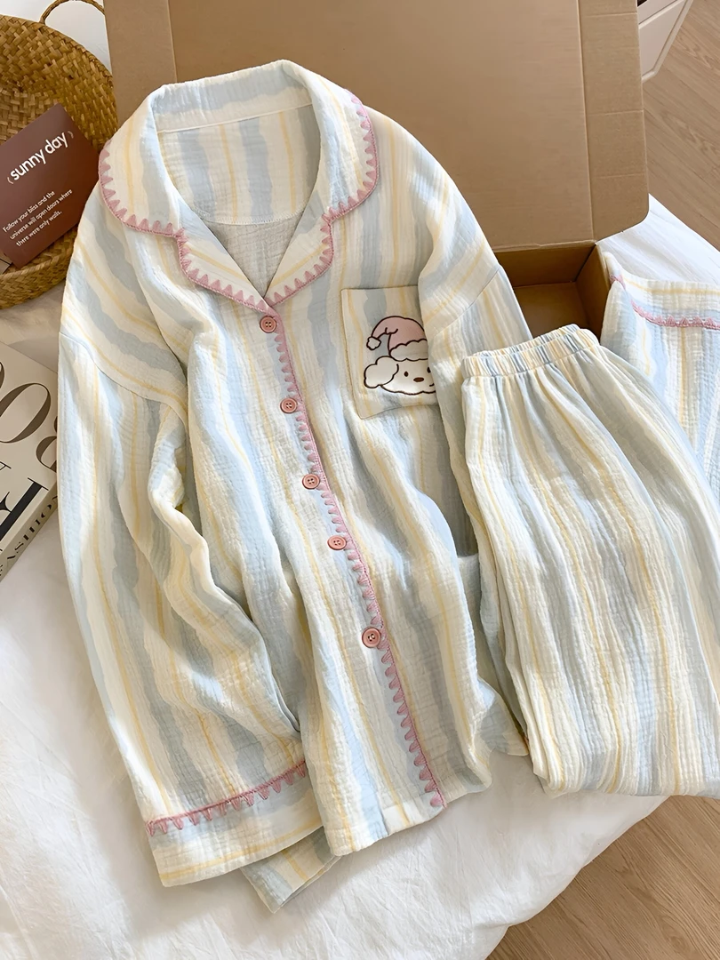 韩系可爱纯棉双层棉纱睡衣女春秋新款卡通蓝条小狗长袖家居服套装