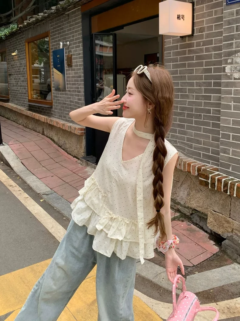 Siolet 波点荷叶边夏季系无袖上衣2025新款设计感显瘦超好看显高