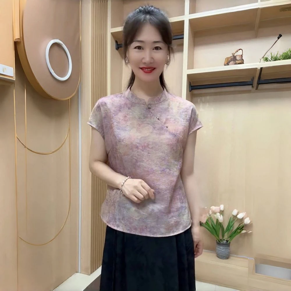 中老年妈妈夏装短袖素雅轻薄上衣短款旗袍衫宽松遮肉洋气小衫