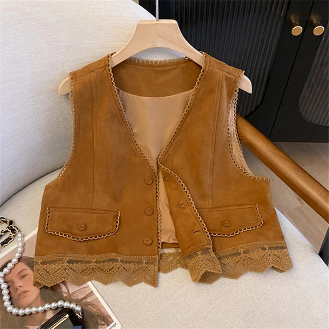 春秋无袖坎肩叠穿马夹女新款美拉德甜美民族旅游v领拼接蕾丝上衣