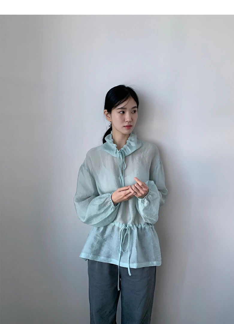 韩式抽绳收腰薄衬衣小衫