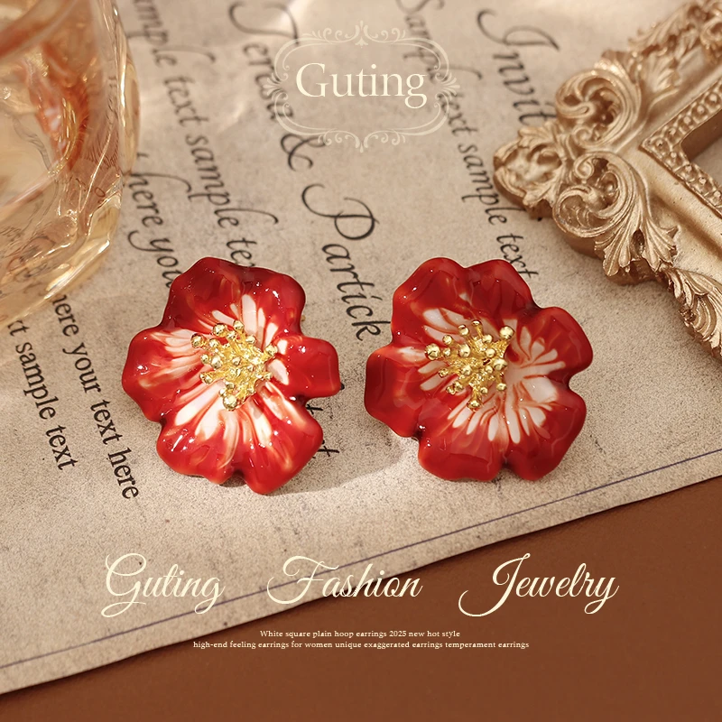 铜合金耳饰 22658复古红色花朵耳钉轻奢高级感气质耳环女耳饰品