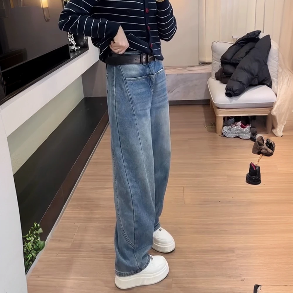 高腰新款窄版直筒牛仔裤女显瘦洋气弯刀裤女款加绒大码阔腿裤子