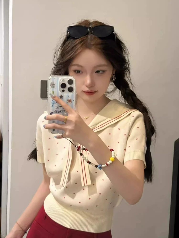 韩系学院风海军领针织t恤女短袖夏季2025新款设计感小众短款上衣