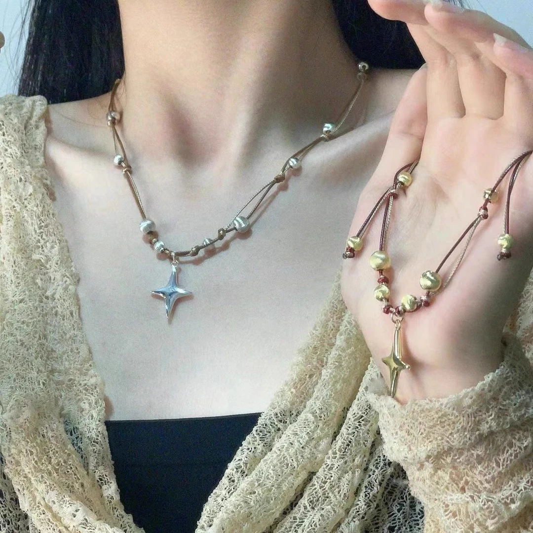 钛钢项链 欧美气质芒星吊坠串珠双层项链时尚休闲百搭高级锁骨链