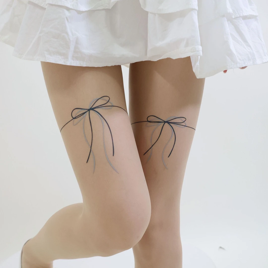 透肤双影蝴蝶结丝带大腿假纹身丝袜超薄任意剪连裤袜女薄款夏季