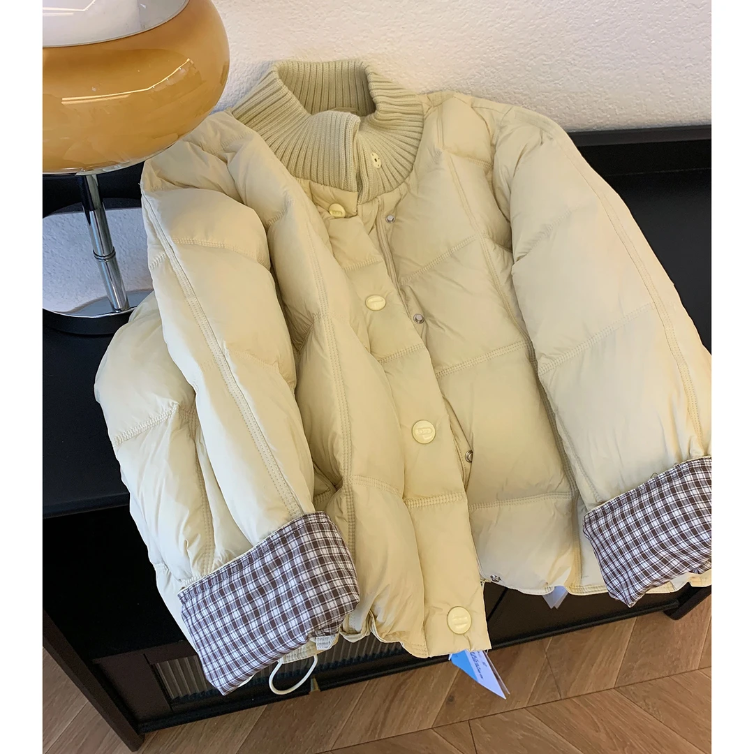 大码胖mm韩系圆领拼接格子袖口棉服女冬季宽松加厚显瘦面包服外套