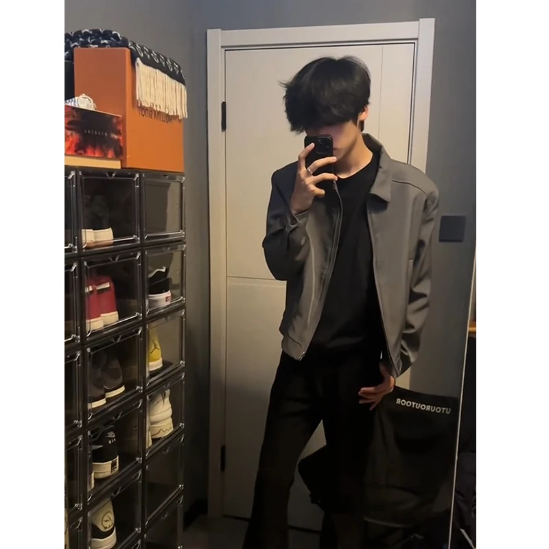 美式灰色正肩boxy外套男秋季短款翻领高级感cleanfit痞帅行政夹克