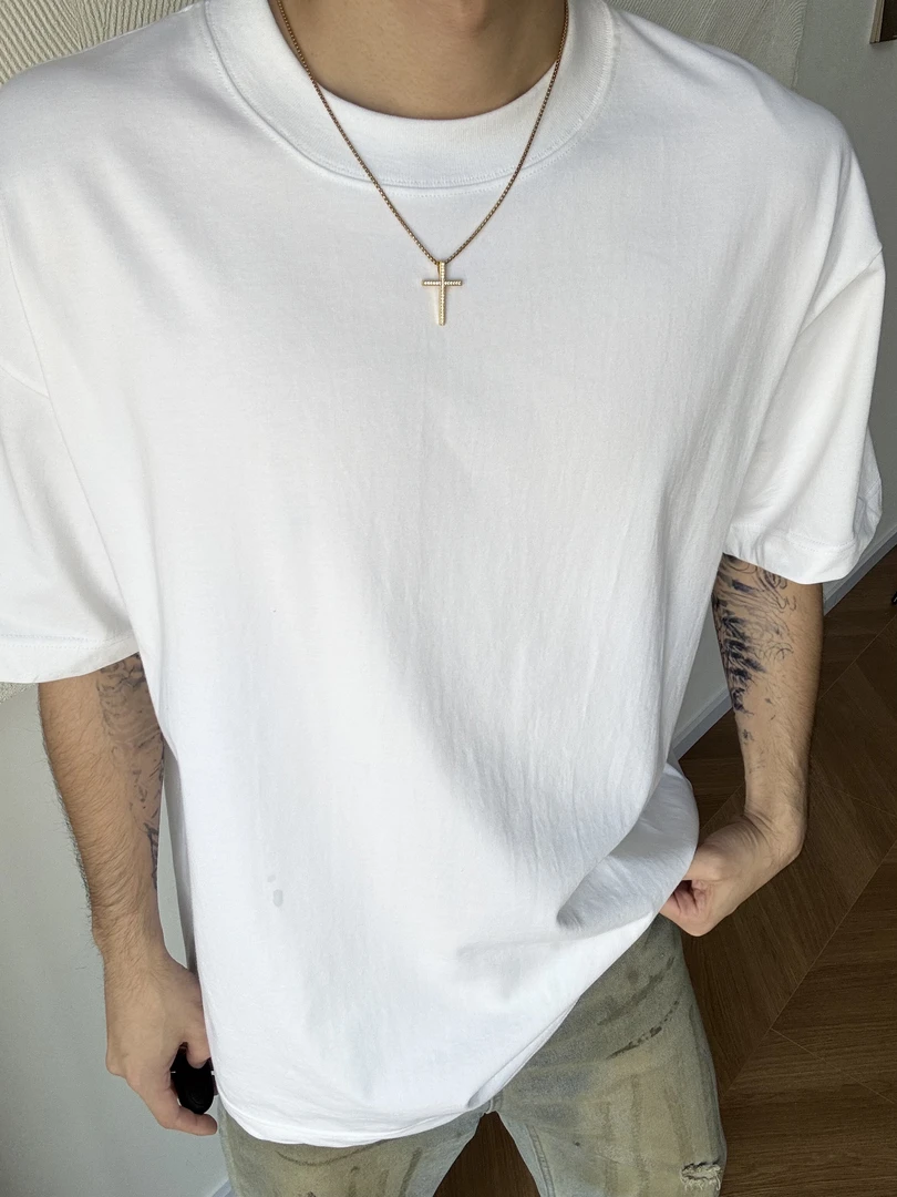 7口家 基础款300G重磅美式小领口圆领T恤26克支双纱美码纯棉必备