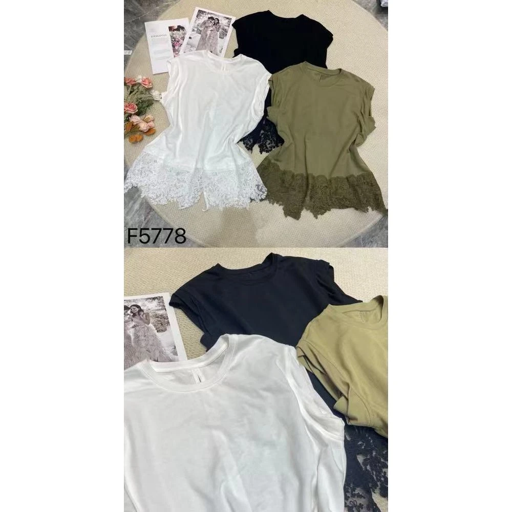 KIKI严选：5778-1-6688家欧货南油夏季下摆拼蕾丝重工T恤