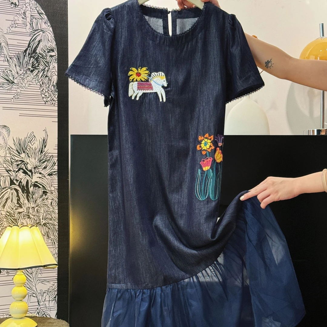 刺绣小马拼接网纱高定夏季时尚透气连衣裙休闲减龄长款裙DP7579