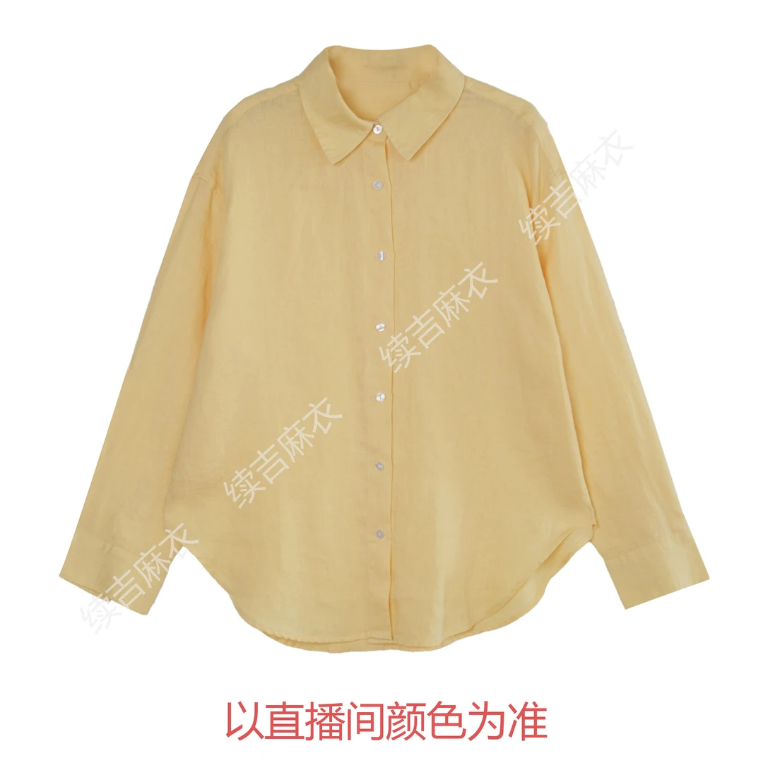 续吉麻衣25-763亚麻翻领单排扣纯色休闲百搭宽松长袖衬衫