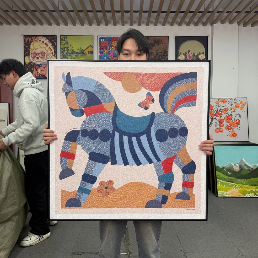 蓝现代艺术轻奢骏马高级感客厅装饰画沙发背景墙挂画8080