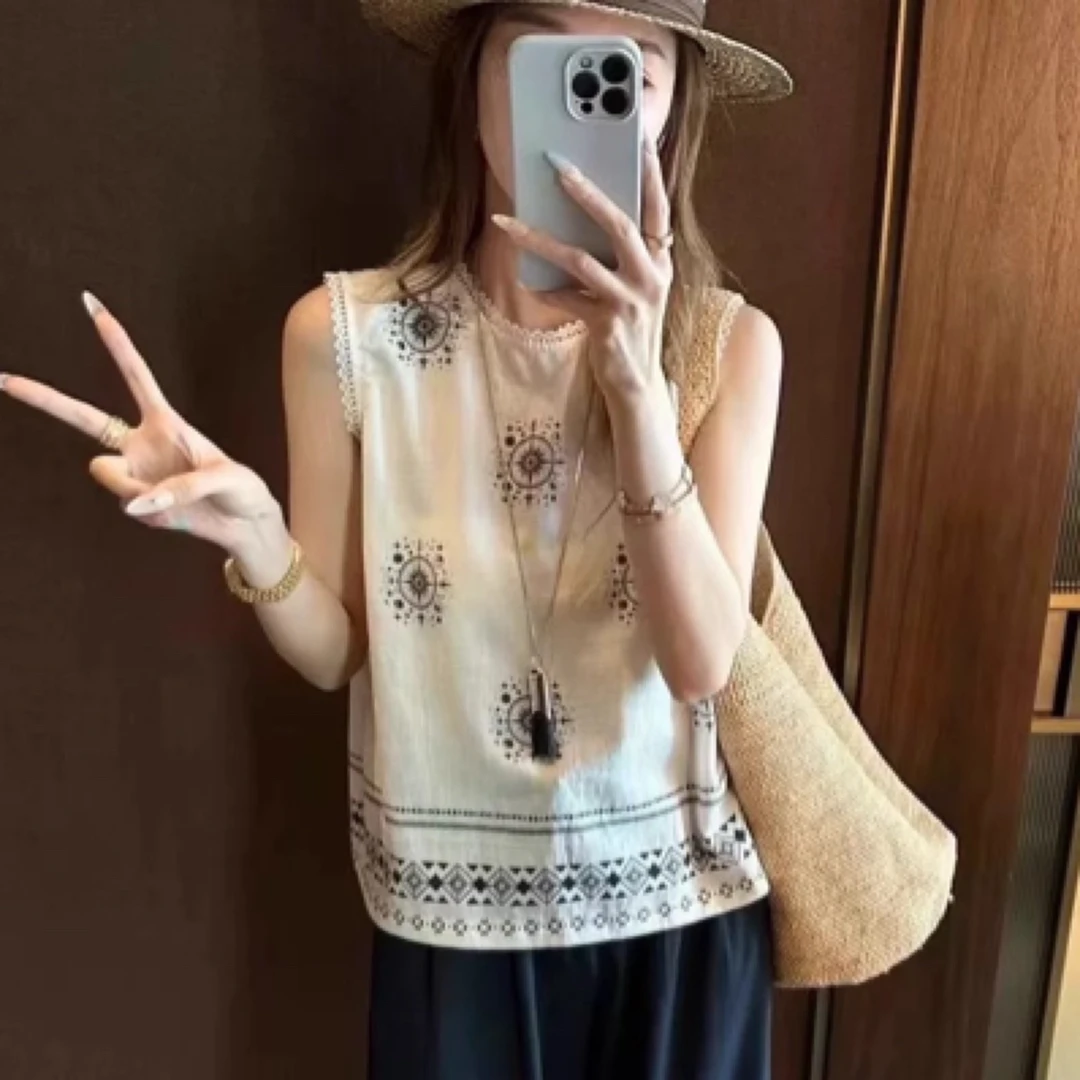欧版宽松显瘦无袖薄款雪纺背心女夏季款高级感重工印花小衫