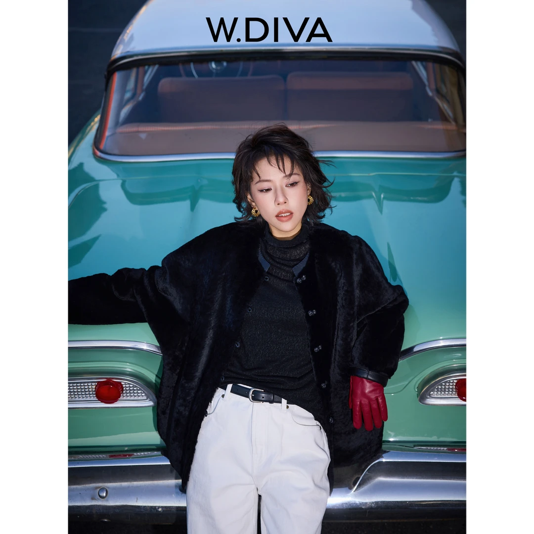 W.Diva【风雅】西班牙进口baby美利奴盘扣拼皮皮毛一体DWZWFD0338