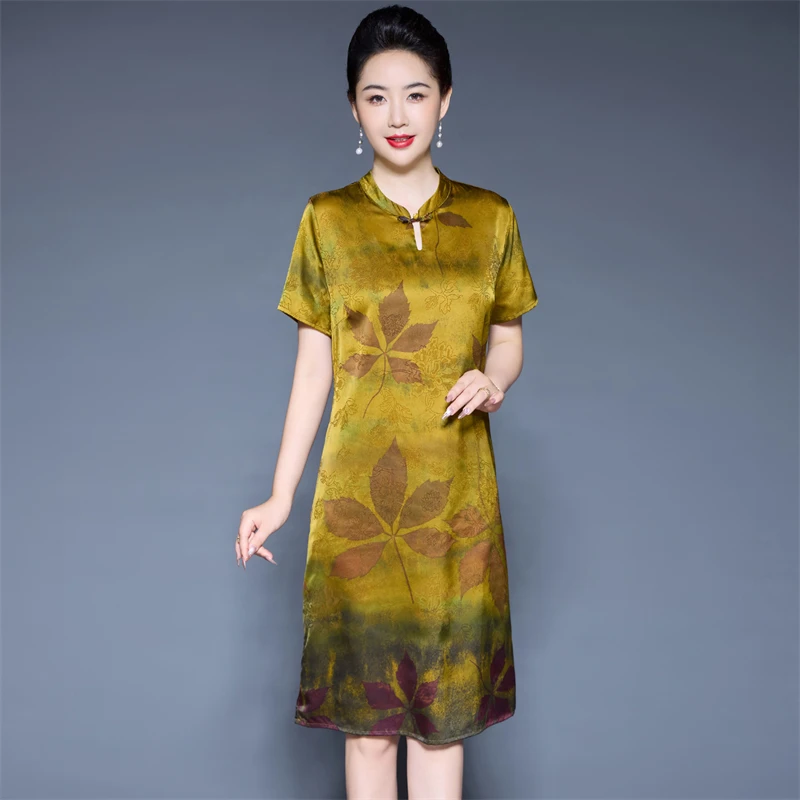 杭州洋气妈妈真丝桑蚕丝连衣裙女夏季新款大码印花中长款女装裙子