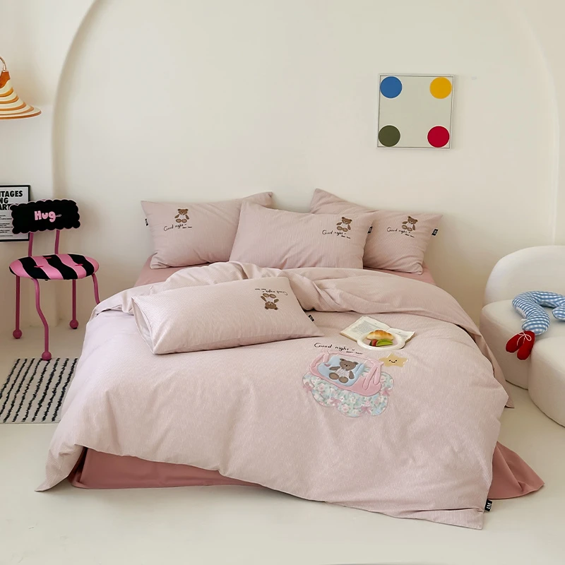 【晴美】全棉磨毛卡通贴布绣四件套-秋千小熊