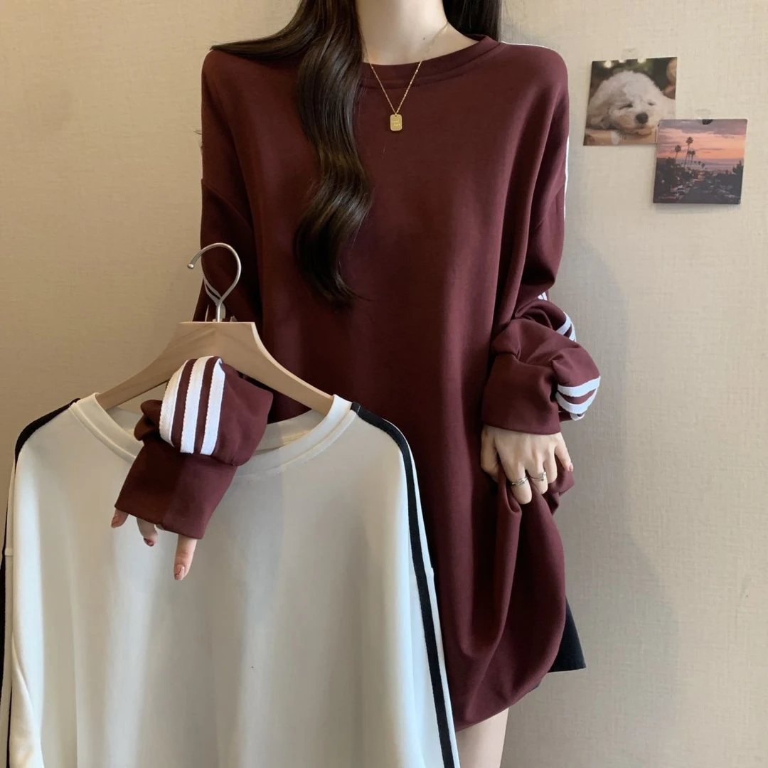 特大码三条杆设计感卫衣女春秋季新款宽松显瘦时尚长袖300斤上衣