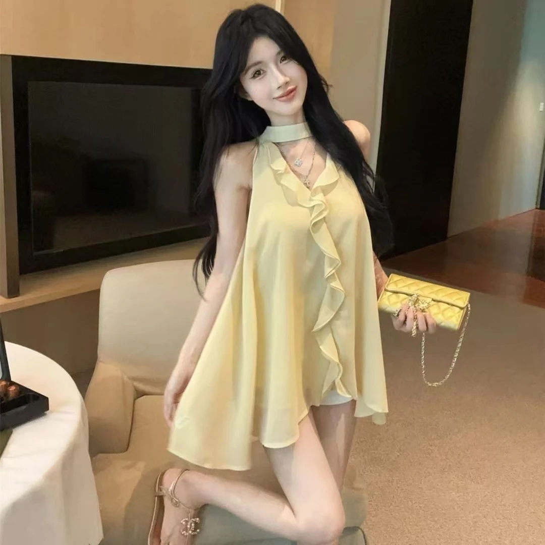 雪纺衫荷叶边V领夏季显瘦少女风无袖法式露肩时尚