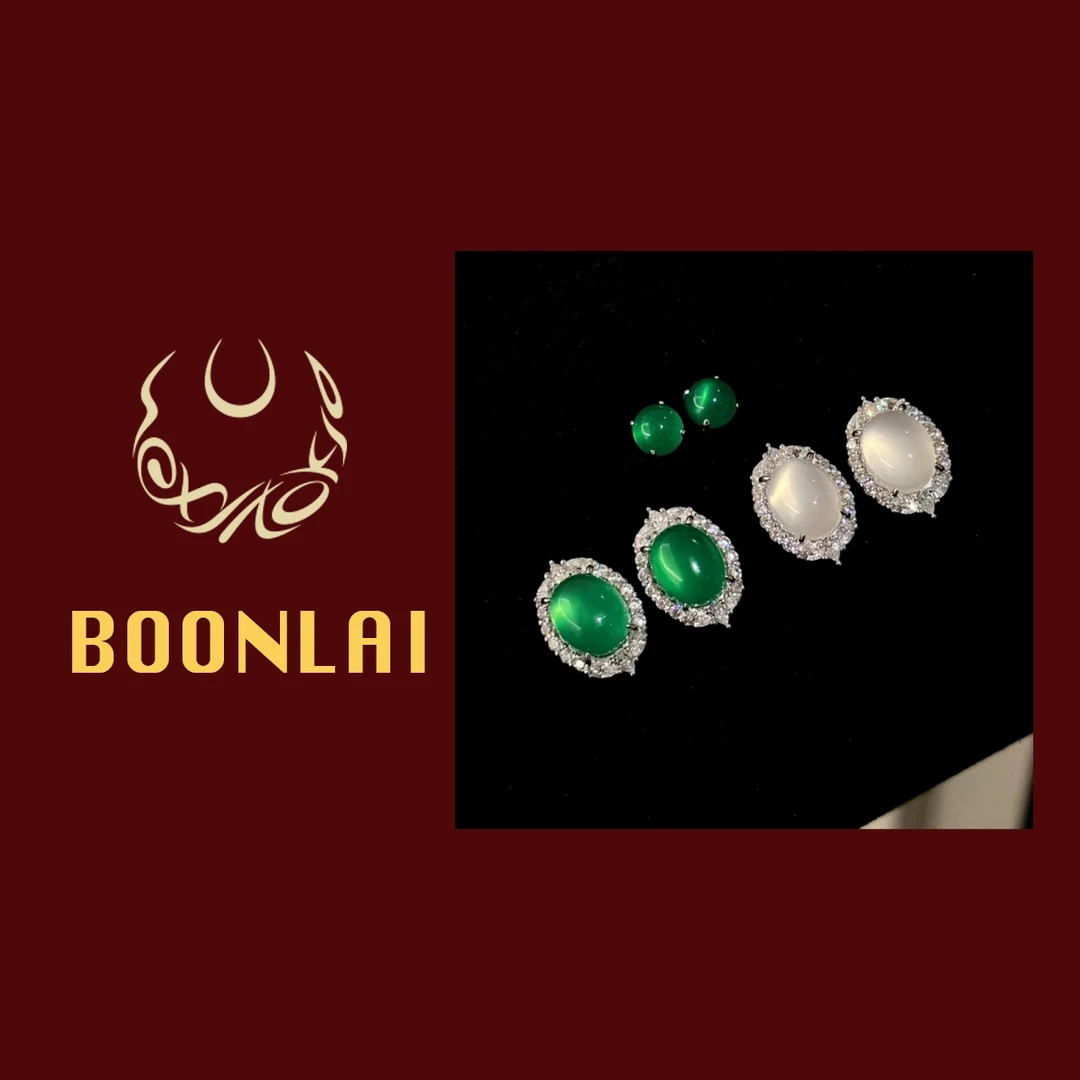 铜合金锆石耳饰 Boonlai 新中式椭圆绿色镶钻耳环1411