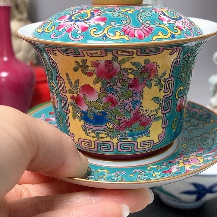 旧藏珐琅彩茶盏三件套
