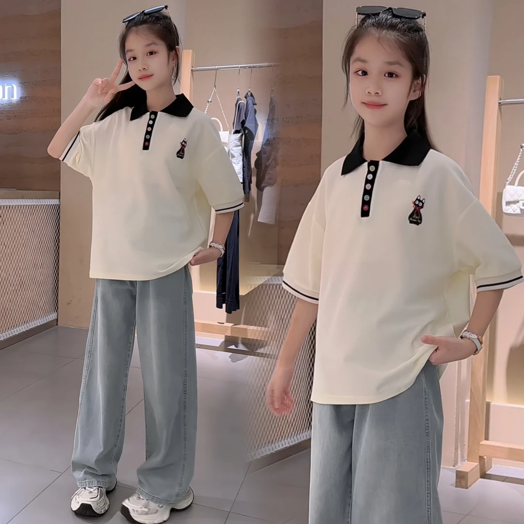 女童夏装套装Polo2025新款大童套装儿童牛仔网红洋气时尚夏季宽松