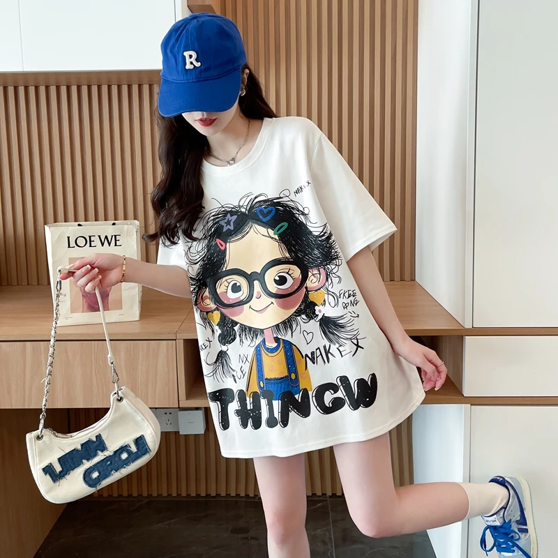 夏季纯棉短袖T恤女韩版时尚胖mm大码显瘦卡通小女孩印花半袖上衣