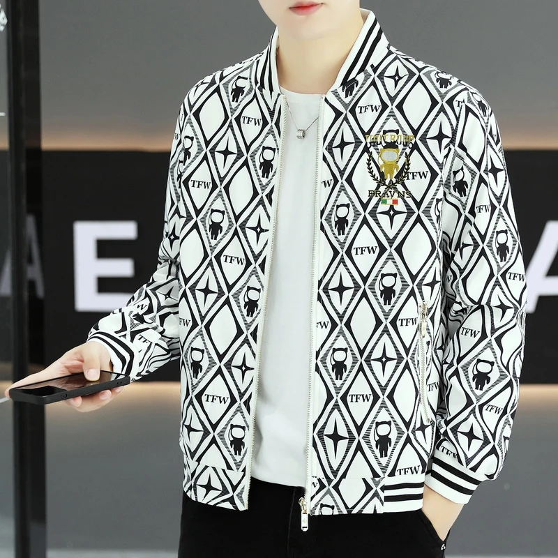 吉伦略索春秋季个性花纹外套男印花刺绣潮流韩版修身休闲痞帅夹克