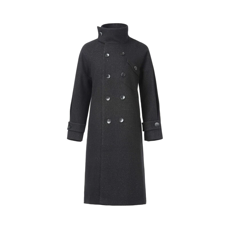 sdeer圣迪奥女装立领双排扣宽松长款毛呢大衣S224Z25C5