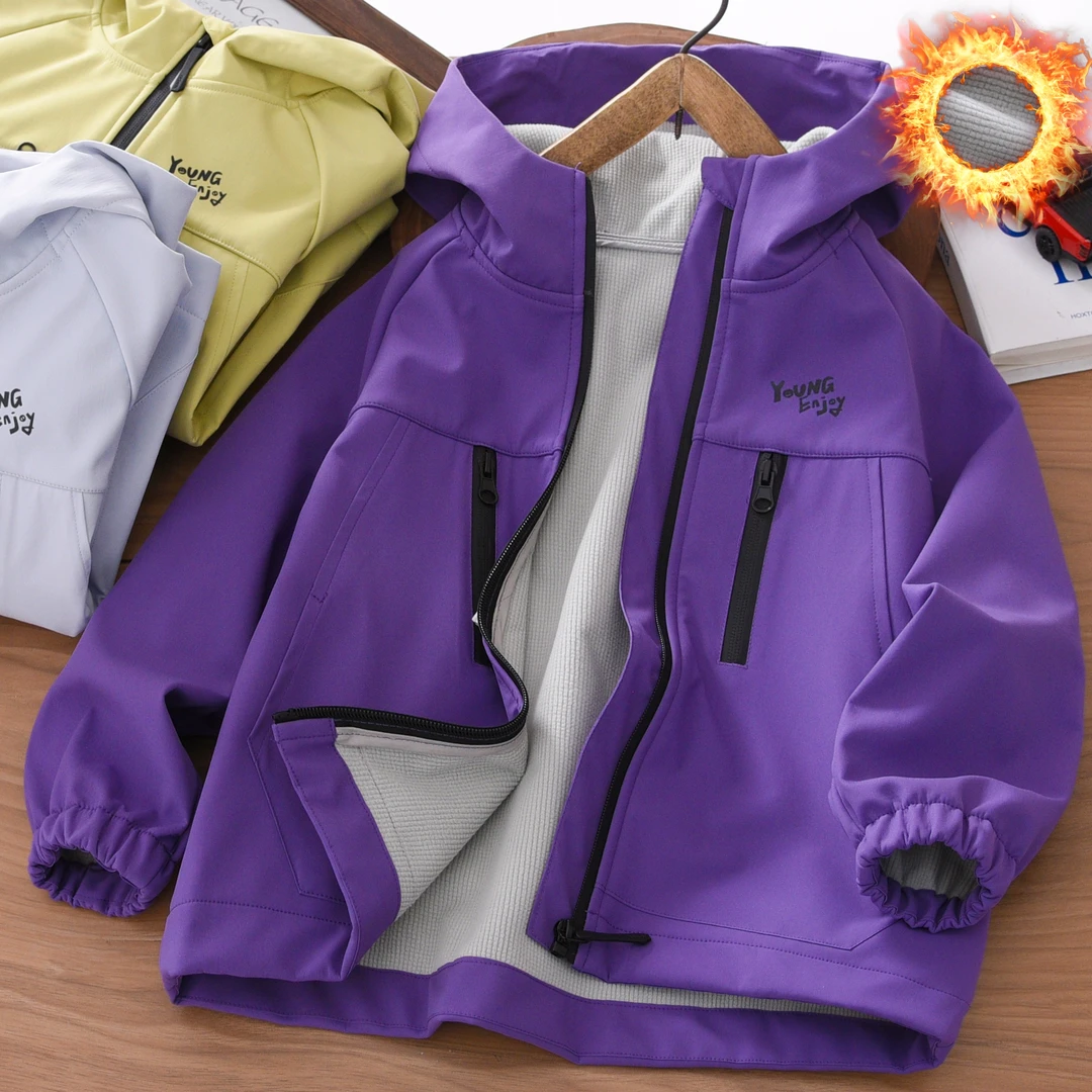 男童加绒外套秋冬季2025新款中大童男孩防泼加厚儿童装连帽冲锋衣